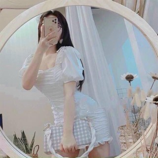 Đầm cổ vuông cột nơ vai nhúng