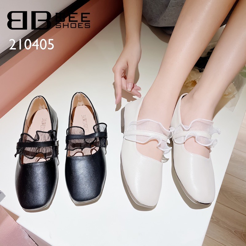 BEESHOES - GIÀY BÚP BÊ NỮ MŨI VUÔNG QUAI NGANG - GIÀY BÚP BÊ NỮ MŨI VUÔNG QUAI NGANG ĐẾ BỆT SẴN MÀU ĐEN - KEM 210405