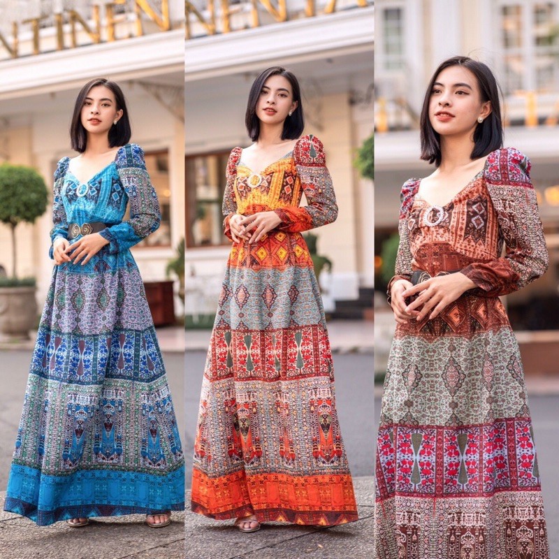 Đầm maxi họa tiết thổ cẩm xinh xắn. Không kèm belt