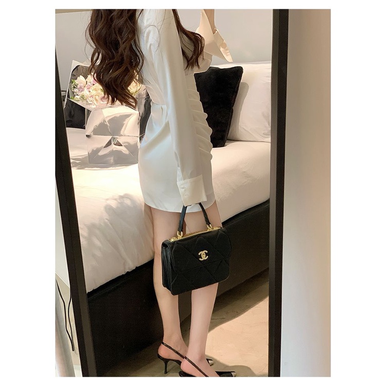 Desire Đầm Sơ Mi Chiết Eo Mỏng Nhẹ Tay Dài Màu Trơn Phong Cách Mùa Thu Hợp Thời Trang Cho Nữ