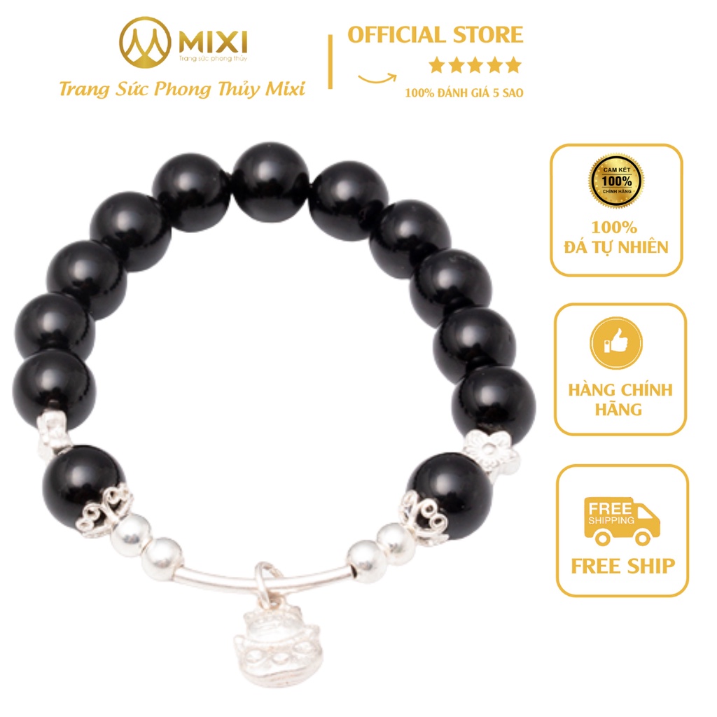 Vòng Tay Đá Núi Lửa Obsidian 10 Ly Mix Charm Mèo Thần Tài Treo Bạc 999 - Trang Sức Phong Thủy Mixi