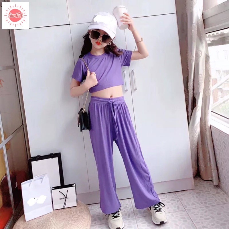 Set bộ bé gái cực sành điệu chất thun mát quần dài áo croptop năng động