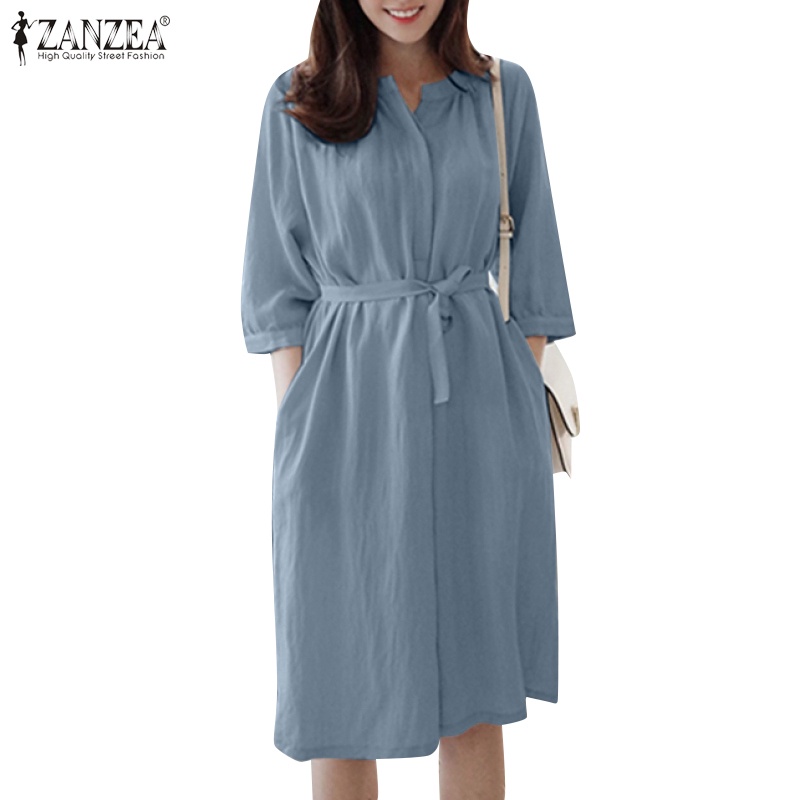 Đầm midi Zanzea tay 3/4 cổ tròn dáng rộng thời trang cho nữ