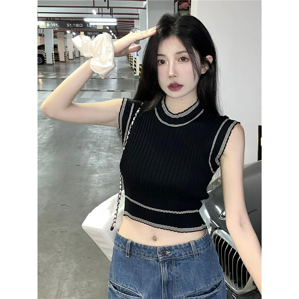 Áo Dệt Kim Sát Nách Cổ Tròn Màu Sắc Tương Phản Phong Cách Retro Thời Trang Hè 62959