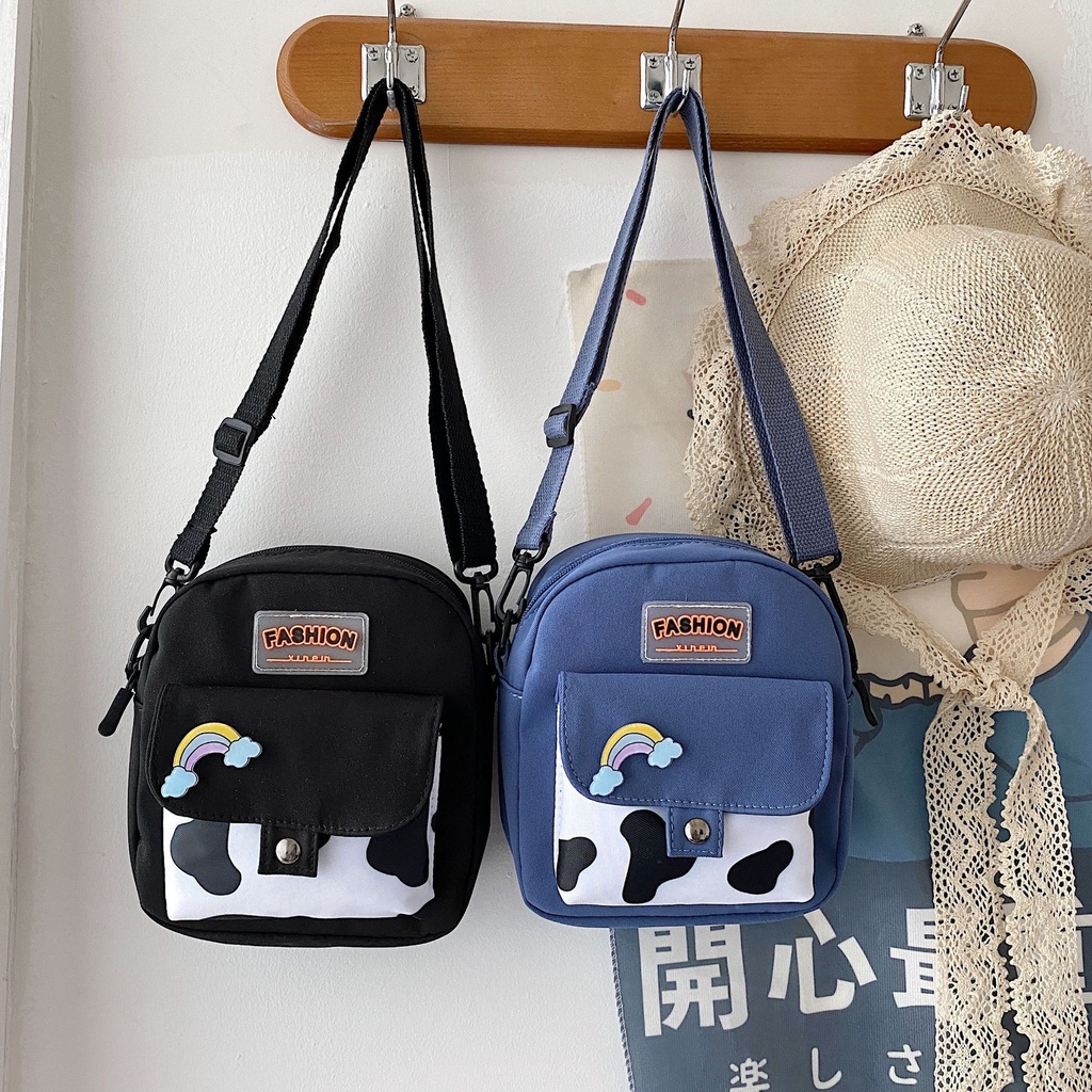 Túi Đeo Chéo Đựng Điện Thoại Kiểu Vuông Nhỏ Chất Liệu Nylon Họa Tiết Bò Sữa Cho Nữ