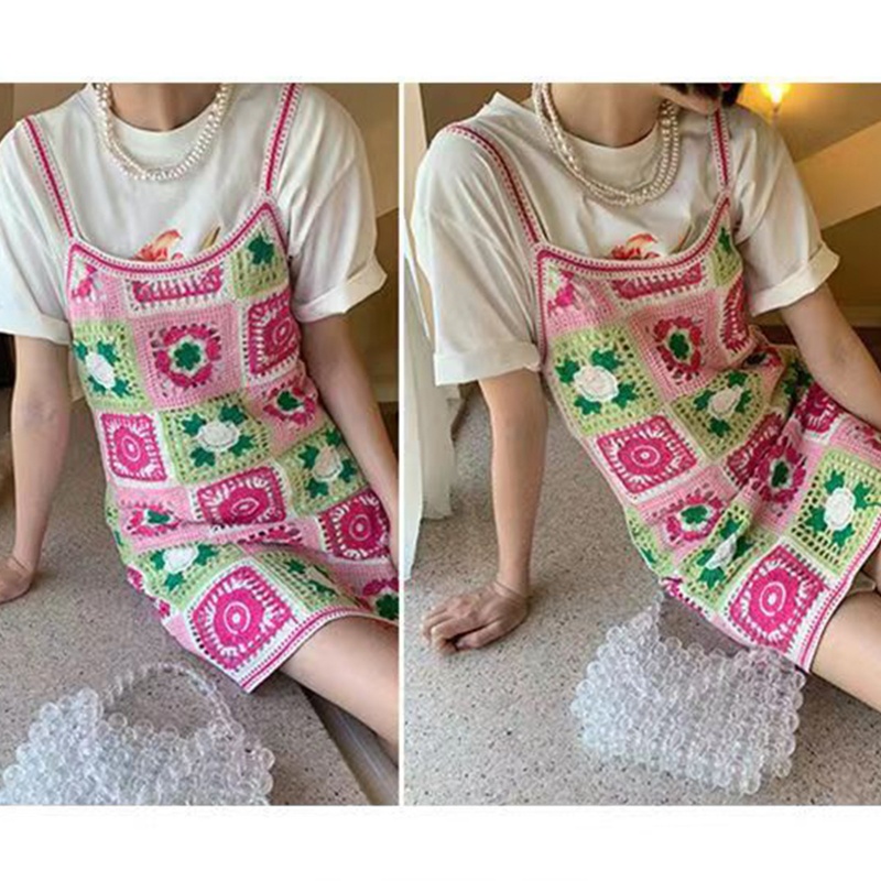 Đầm Midi Chữ A Hai Dây Dệt Kim Hở Lưng Họa Tiết Hoa Nhiều Màu Phong Cách Boho Thời Trang Đi Biển Cho Nữ