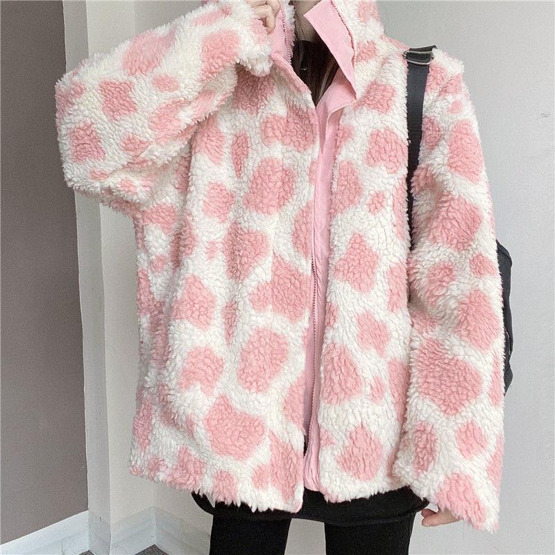 Áo Khoác Đệm cotton Hai Mặt Lót Lông Cừu Màu Hồng Thời Trang Thu Đông Cho Nữ