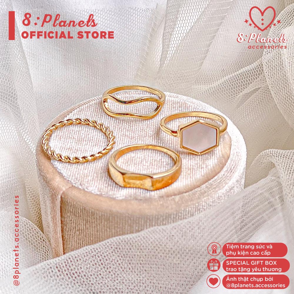 Set Nhẫn Nữ 4 Chiếc Thanh Mảnh Hợp Kim Vàng Hình Khối Đa Phong Cách 8 Planets