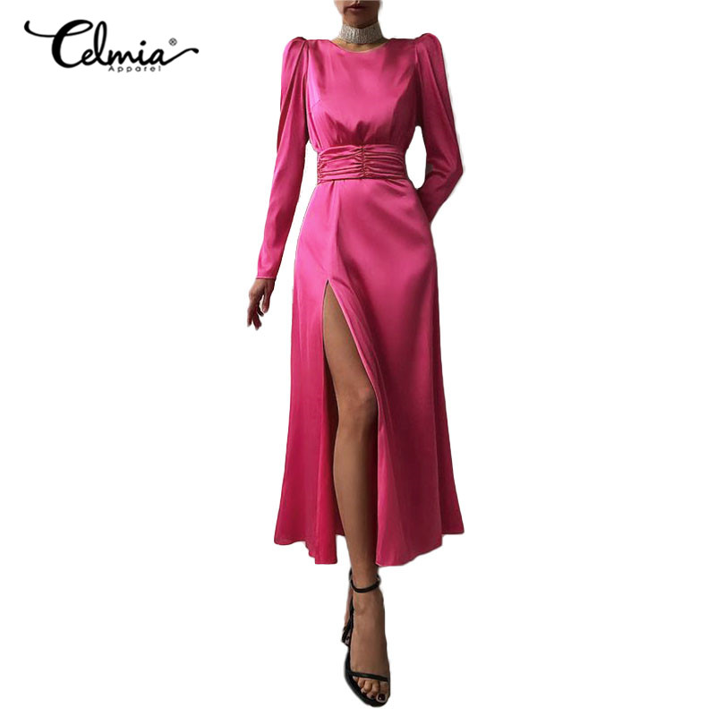 CELMIA Đầm Lụa Satin Tay Dài Xẻ Tà Thời Trang Cho Nữ