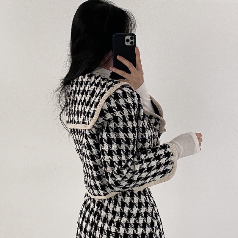 Set bộ áo và chân váy tweed kẻ sọc đen trắng phong cách Hàn Quốc ulzzang TWEE001 SẴN s