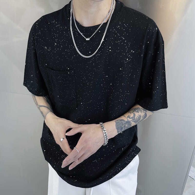 Áo Thun Tay Ngắn Đính Kim Sa Lấp Lánh Phong Cách Hàn Quốc Dành Cho Nam