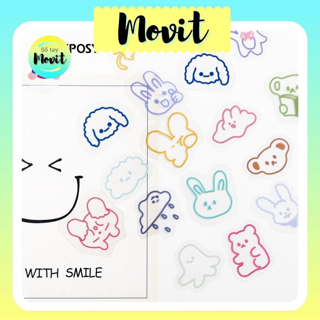 Gói 40 sticker trong suốt kẻ viền hình con vật trang trí sổ tay