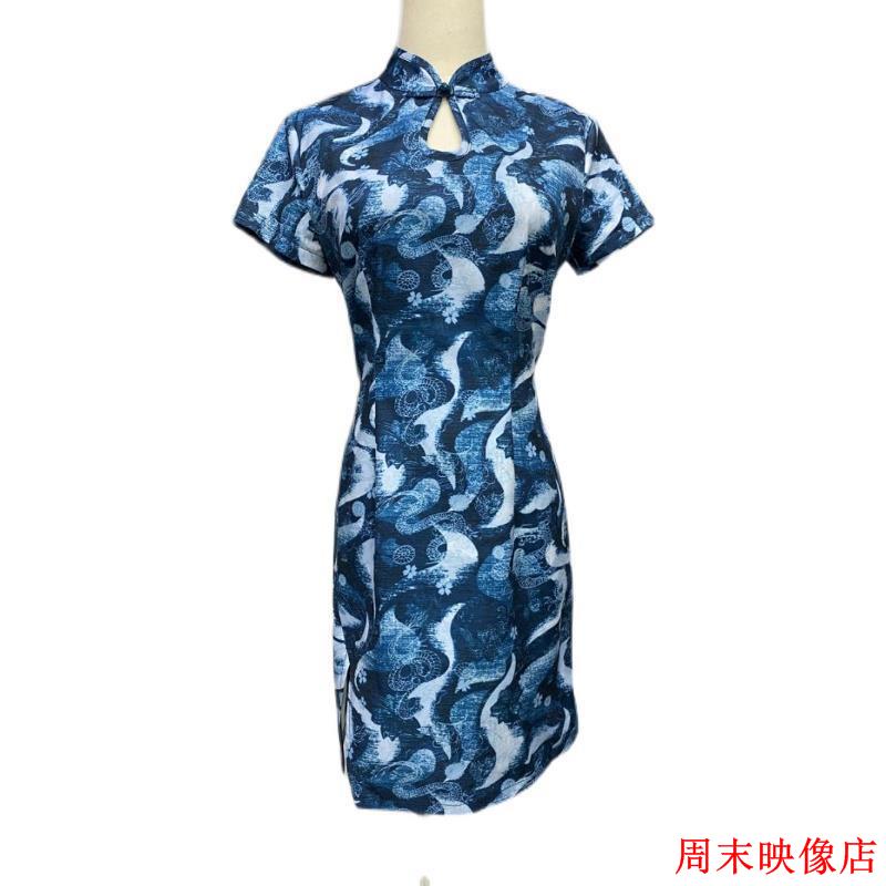 Sườn Xám Cách Tân Xẻ Tà Dáng Ôm Màu Xanh Dương Phong Cách Trung Hoa Cổ Điển Thời Trang Mùa Hè Quyến Rũ Cho Nữ