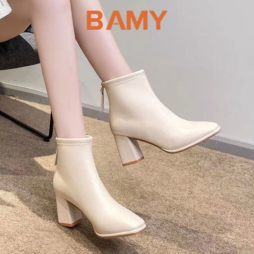 Bốt nữ da mềm Cao Cấp cổ cao khóa sau BAMY , giày boots ulzzang mũi vuông gót vuông 5 phân