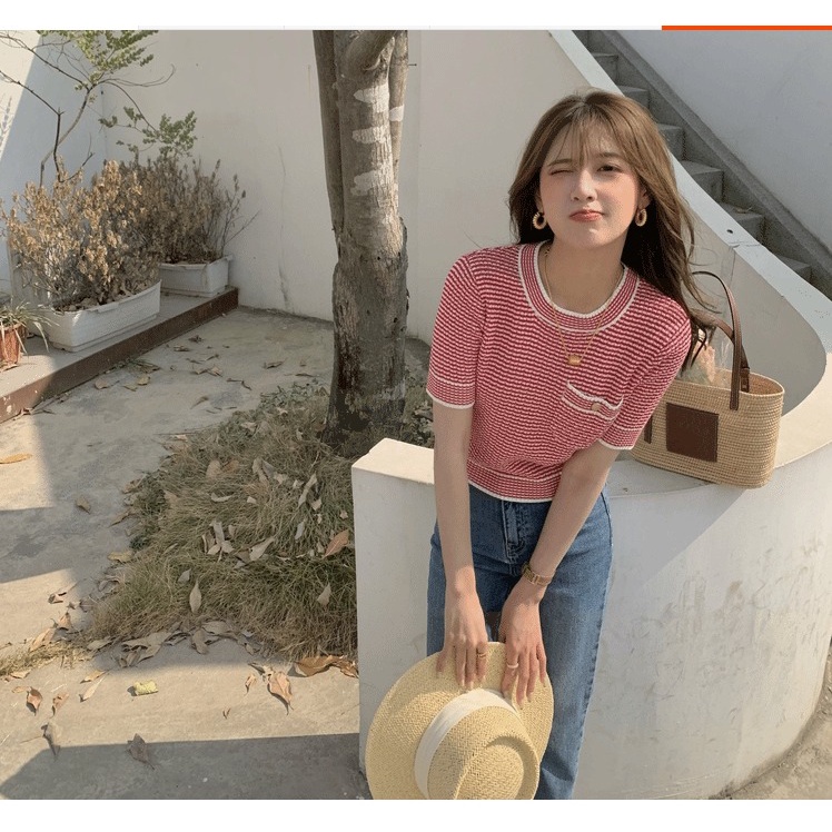 Áo Thun Dệt Kim Tay Ngắn Dáng Ôm Đơn Giản Phong Cách Hàn Quốc Cho Nữ