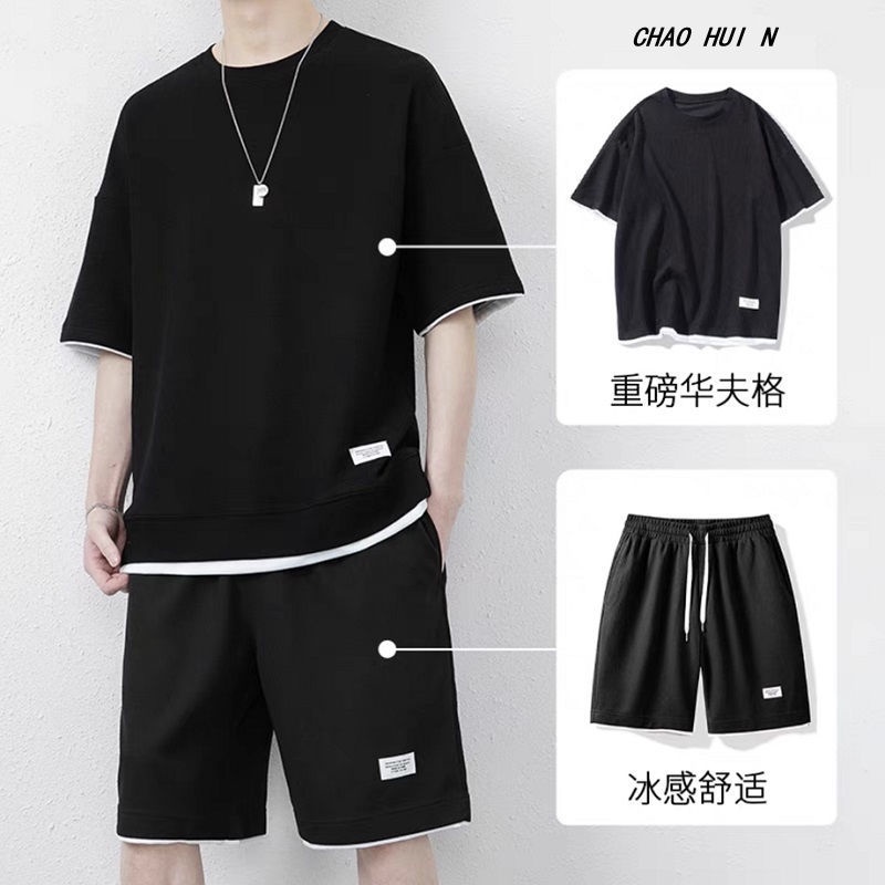 Bộ Đồ Thể Thao Áo Thun Tay Ngắn Phối Quần Short Vải Lụa Lạnh Thời Trang Mùa Hè Cho Nam Plus Size