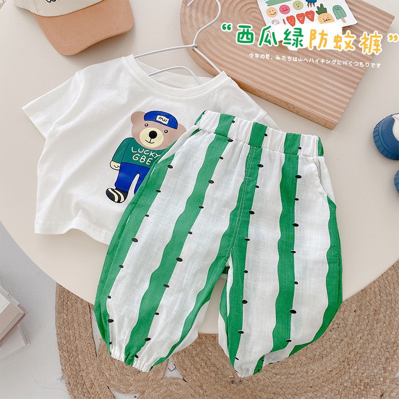 Quần dài trẻ em xanh lá dưa hấu, chống muỗi nằm điều hòa, hàng quảng châu cao cấp