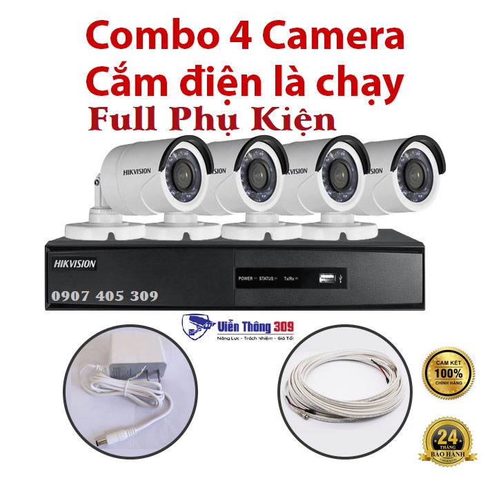Trọn Bộ Camera 4 Mắt Hikvision 2.0MP Full HD Chính Hãng- Full Phụ Kiện- Cắm Điện Là chạy