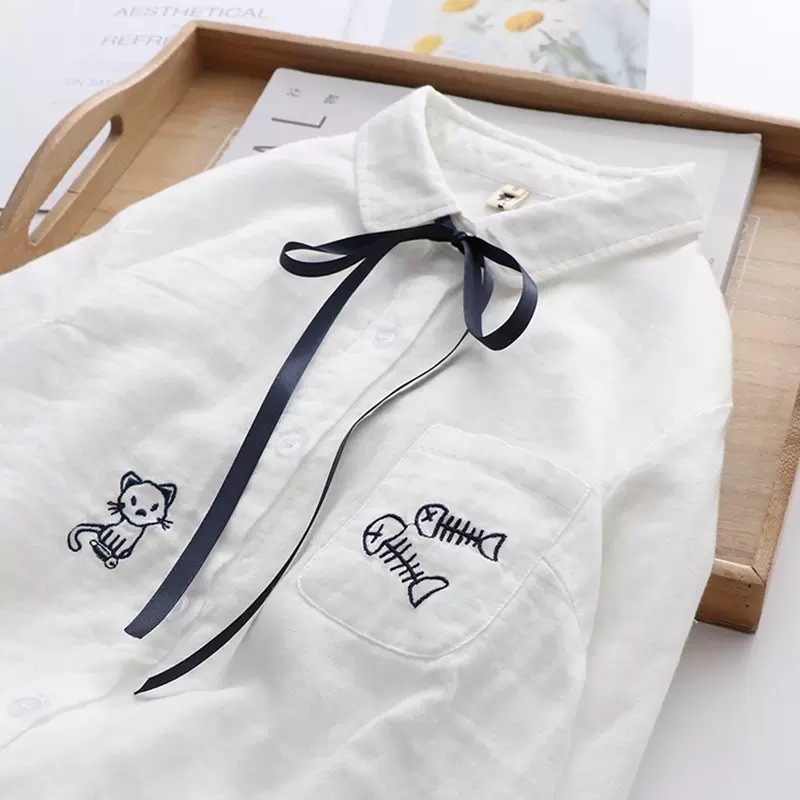 Áo sơmi cotton 100% thêu hình mèo-cá cực xinh