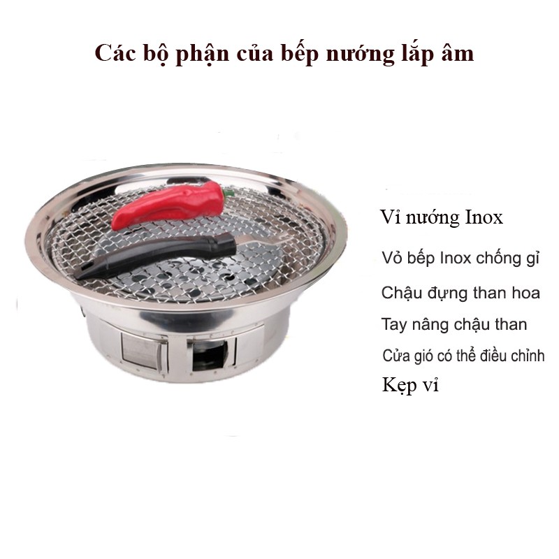 Bếp nướng than hoa inox lắp âm bàn dùng cho nhà hàng, quán,...