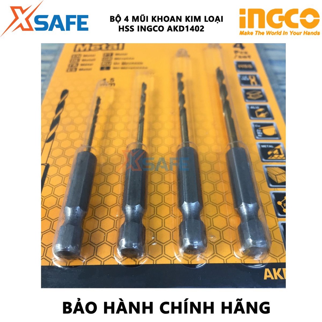 Bộ 4 mũi khoan kim loại HSS INGCO AKD1402 đuôi lục giác 1/4 inch, thép M2 HSS chất lượng, làm bóng mũi bằng Tianium