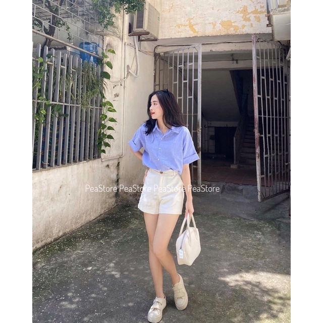 Áo sơ mi cộc tay kẻ sọc tay gập cúc lưng oversize phong cách ulzzang [Ảnh thật/Sẵn]
