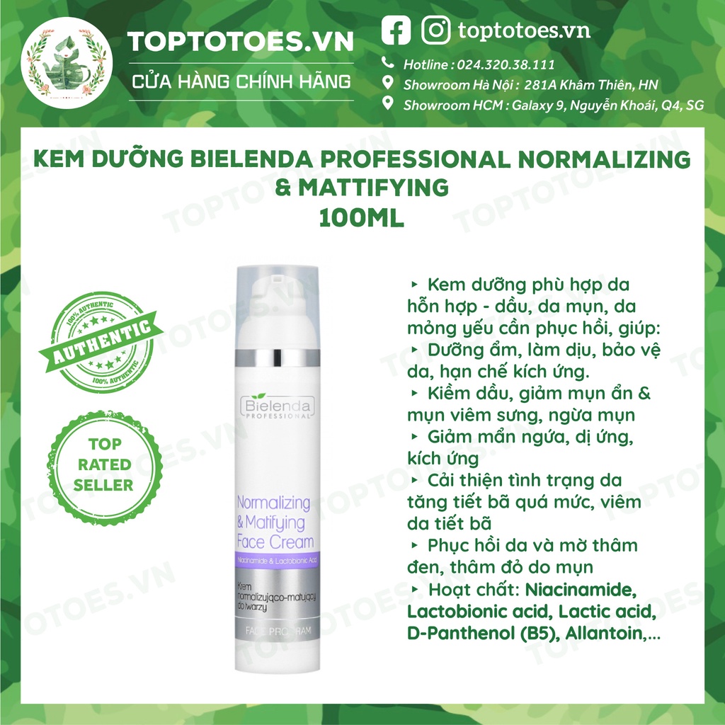 Kem dưỡng Bielenda Professional Normalizing &amp; Mattifying kiềm dầu, ngừa mụn, mờ thâm 100ml