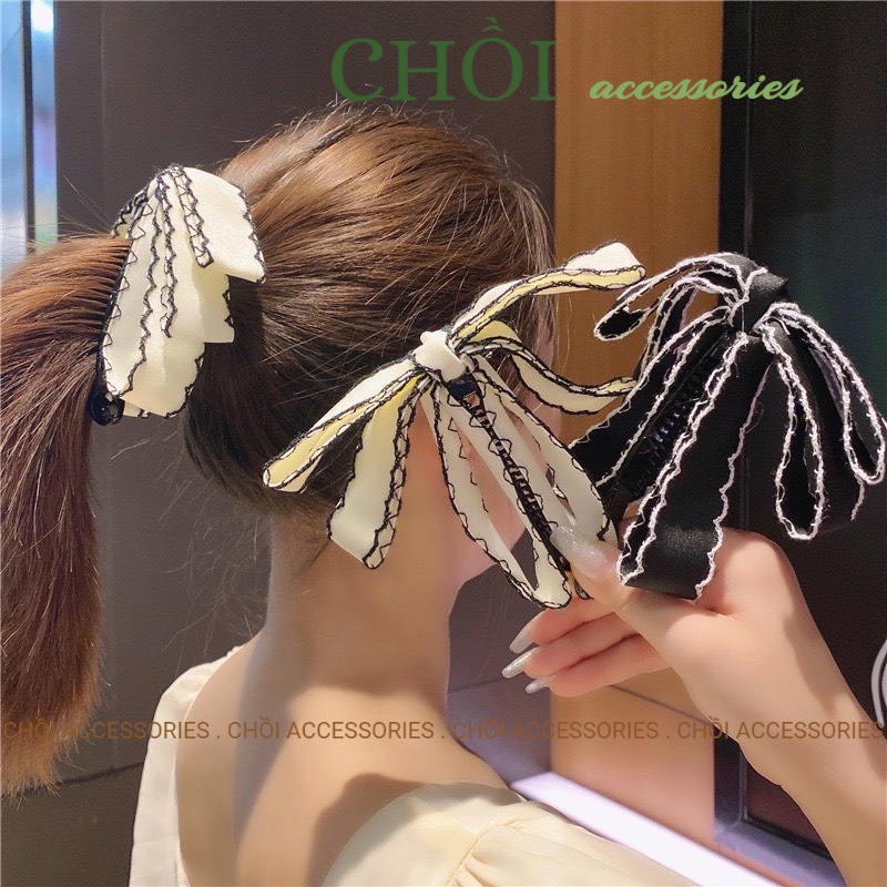 Cặp tóc nơ caro, kẹp tóc nữ tính phối hạt trai nhân tạo phong cách tiểu thư Y146