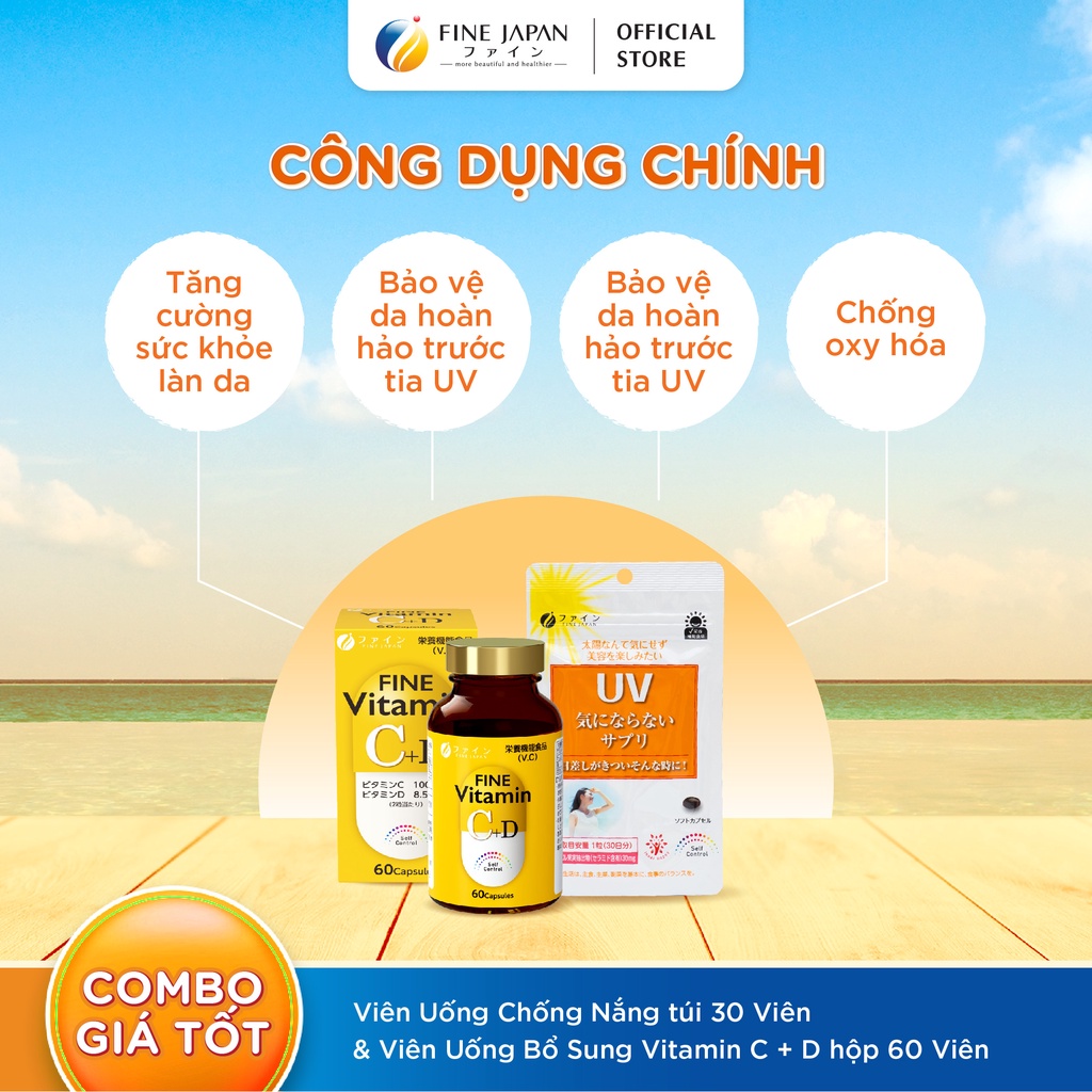 Combo Chống nắng sáng da FINE JAPAN - Viên uống chống nắng & Viên uống bổ sung Vitamin C + D 30 ngày