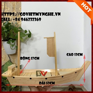 Khay thuyền sushi sashimi thuyền gỗ trang trí trưng bày món ăn Nhật Bản | Dài 53cm - 2 Cột buồm - Gỗ thông
