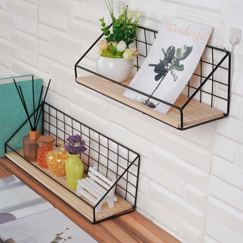 Kệ Sắt Đáy Gỗ Treo Tường Trang Trí,Kệ Lưới Có Rào Chắn Decor Phòng Để Đồ Tiện Dụng Vintage(Tặng Đinh Và Miếng Dán)