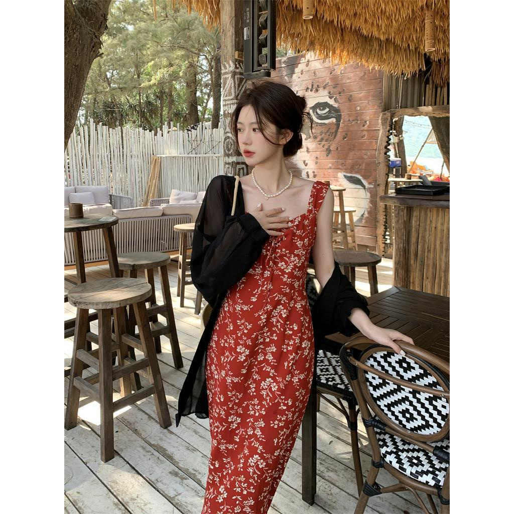 Đầm Dây Hoa Vải Chiffon Mỏng Thời Trang Mùa Hè 61894 Màu Đen