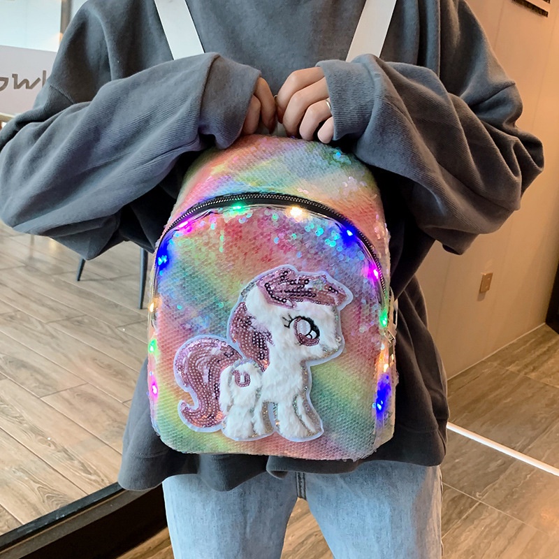 Balo bằng lông phối đèn lấp lánh hình kì lân dễ thương thời trang phù hợp cho trẻ em đi học