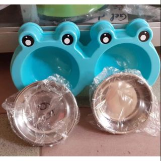 Bát ăn đôi ếch inox cho chó mèo
