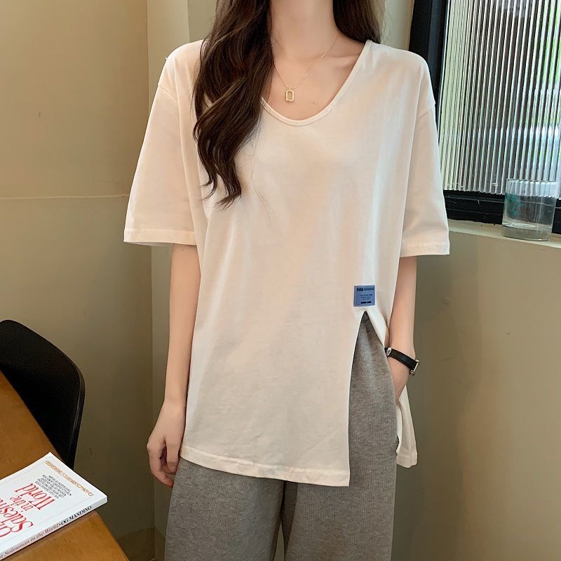 Áo Thun Tay Ngắn Cổ Chữ v Form Rộng Thiết Kế Xẻ Tà Phong Cách Mới