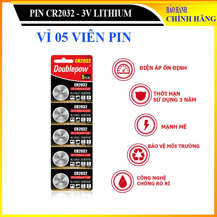 Pin CR2032 - Vỉ 05 viên pin 3V CR2032 - Pin dành cho chìa khóa ô tô cao cấp - Doublepow (vỏ đen đỏ)