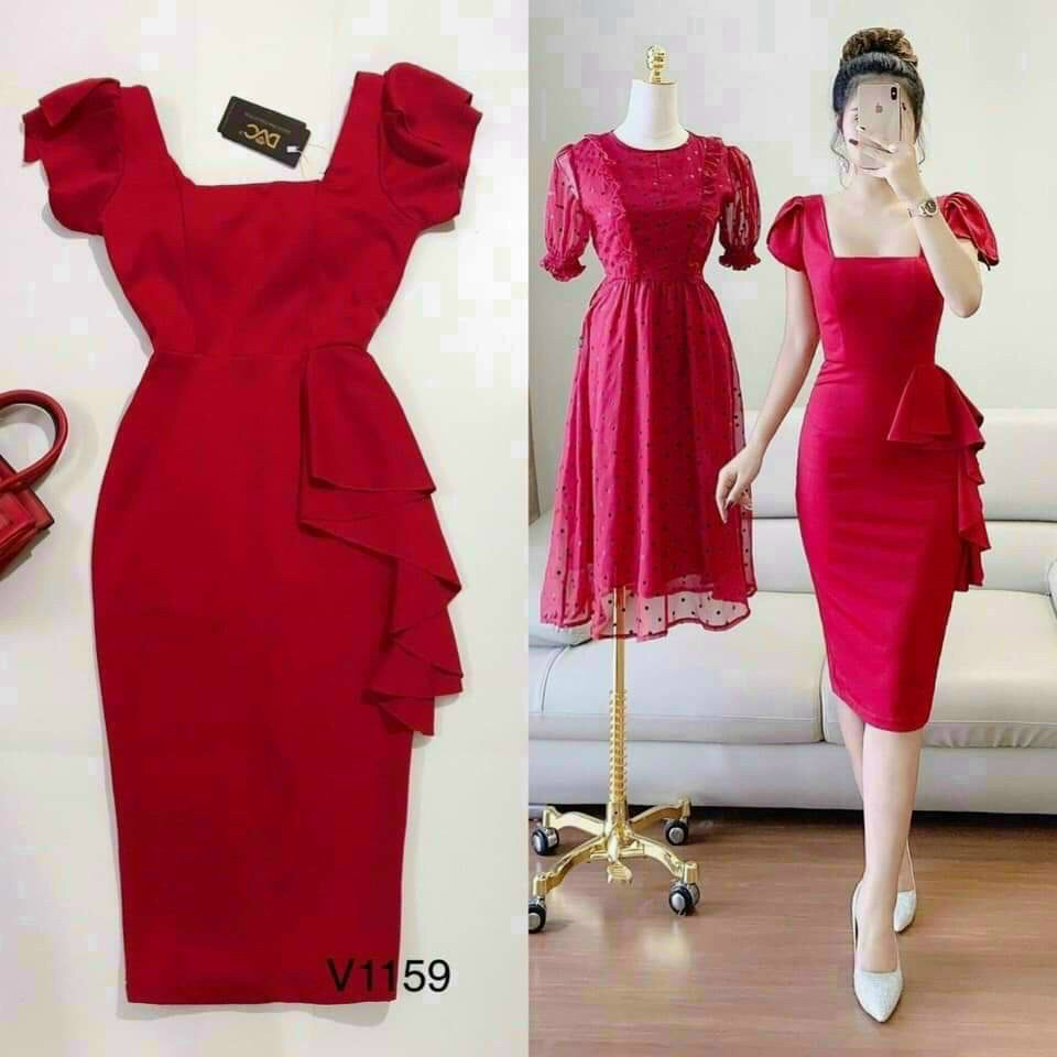 Váy đầm nữ body dự tiệc bèo hông cổ vuông tay phồng kiểu dáng thanh lịch thích hợp mặc đi làm, dự tiệc