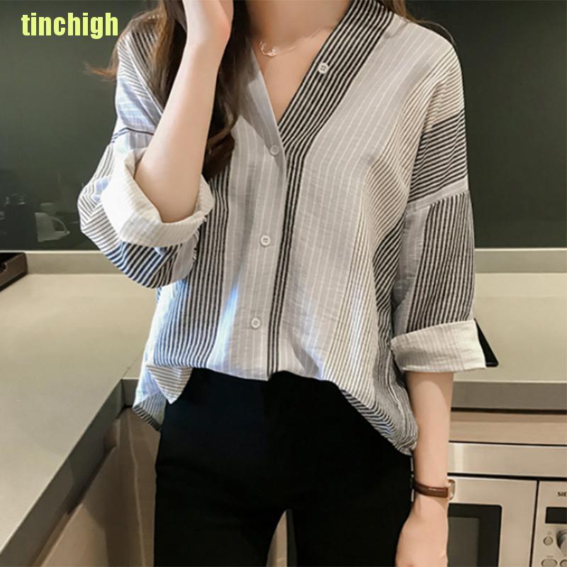 Áo Sơ Mi Tay Dài Kẻ Sọc Phong Cách Hàn Quốc Cho Nữ