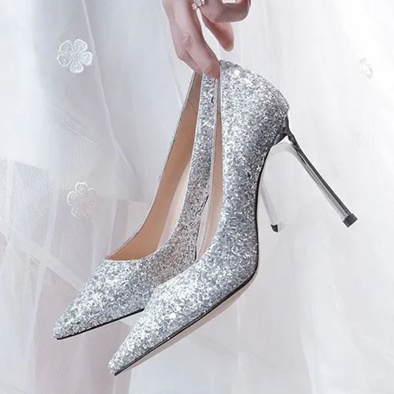 SWEETC Giày cưới của phụ nữ cao gót sequins nữ mũi nhọn giày pha lê cô dâu phù dâu cô dâu giày cưới gradient