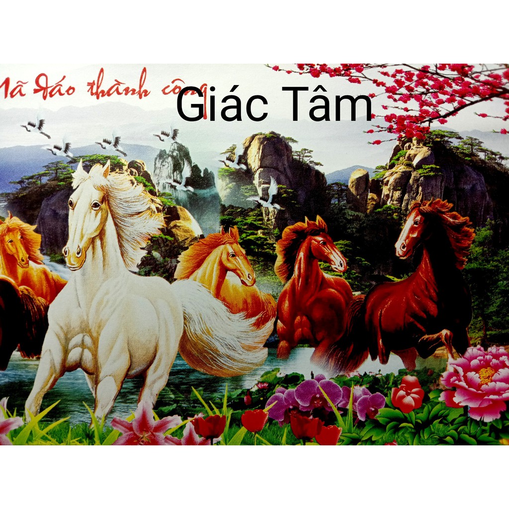 Tranh thêu MÃ ĐÁO THÀNH CÔNG - 82x44cm - 88951 - BÁT MÃ MAI MẪU ĐƠN THÁC TÙNG HẠC CHỮ - tranh thêu chữ thập chưa thêu