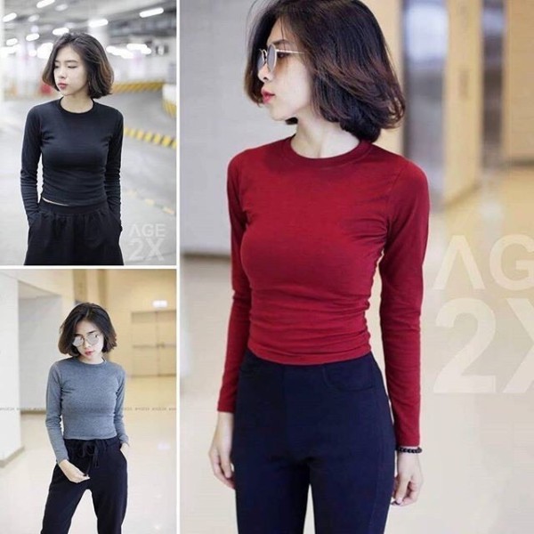 Áo thun croptop body tay dài ( Hình chụp thật )