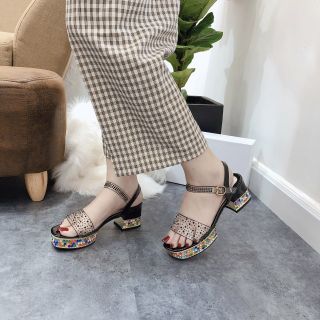 Sandal gót đá màu-quai nạm đá đen