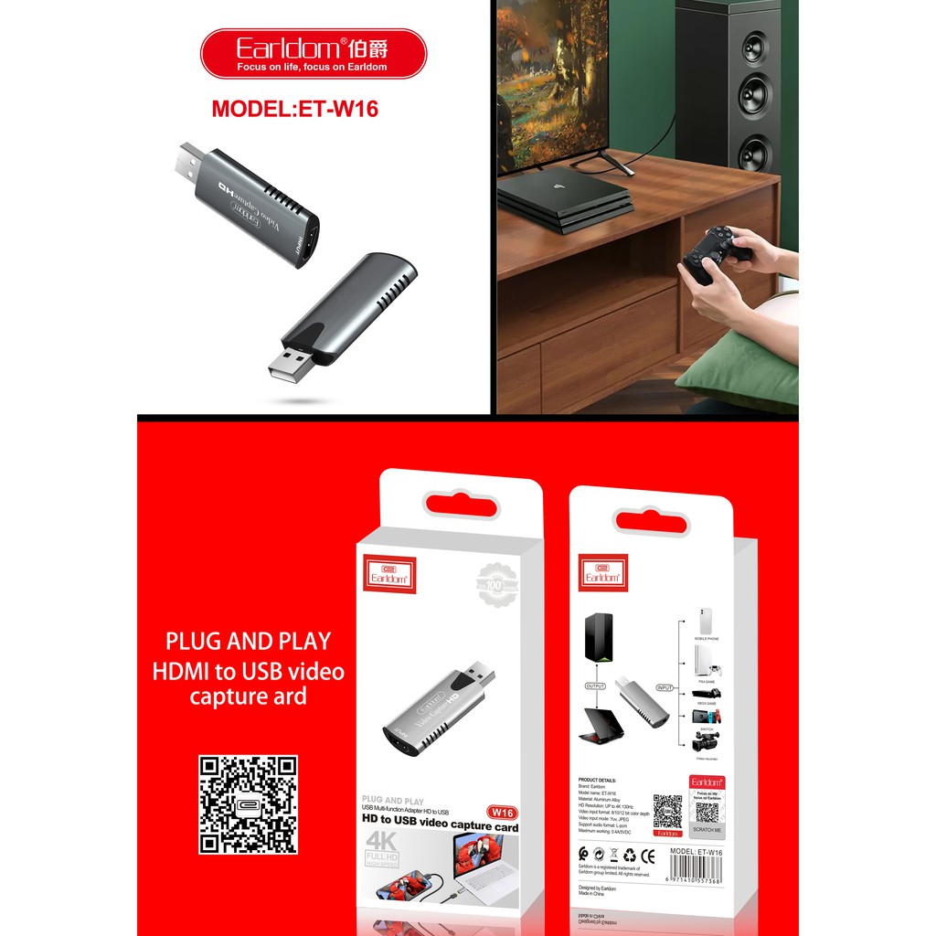 Bộ HDMI to USB 3.0 Video Capture Earldom W16 - Hỗ Trợ Live Stream, Ghi Hình Từ Điện Thoại, Camera, PS4, XBOX