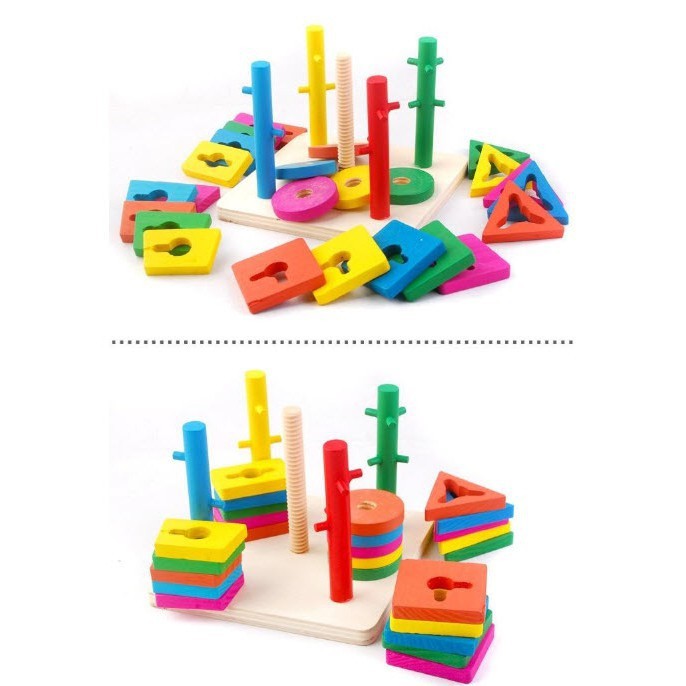 Thả hình 5 trụ gỗ mỗi trụ 1 cấp độ và hình học cho bé