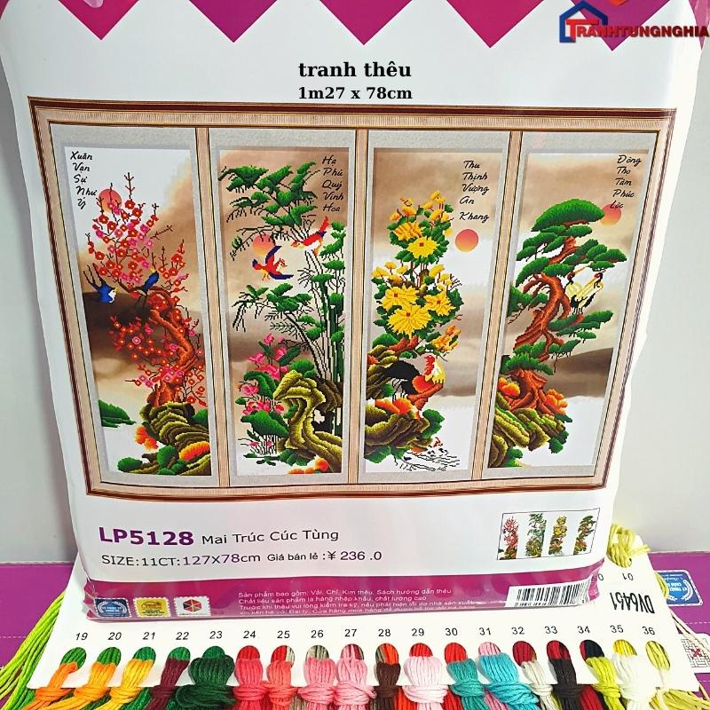 Tranh thêu chữ thập tứ quý tùng cúc trúc mai 1m27 x 78cm
