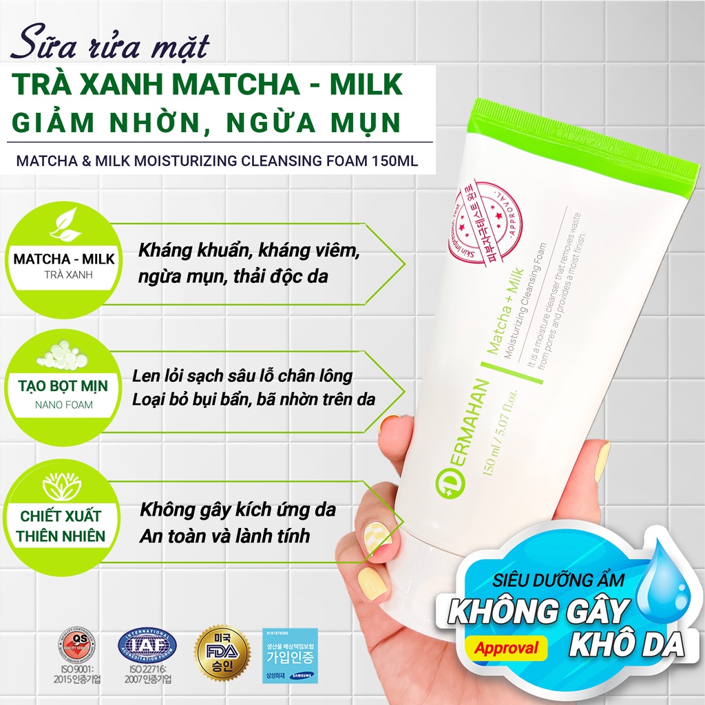 Sữa Rửa Mặt Dermahan Trà Xanh, Vitamin C, Lúa Mạch Đen Matcha & Milk Moisturizing Cleansing Foam 150ml