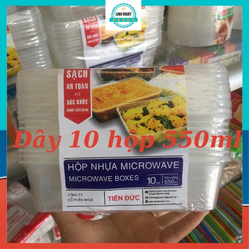 Set 10 hộp nhựa chữ nhật dùng 1 lần, hộp microwave kèm nắp LINHMART