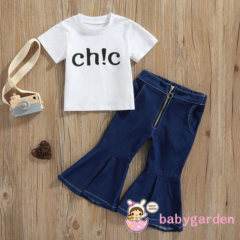 Bộ Áo Thun Cổ Tròn In Chữ + Quần Jeans Ống Loe Thời Trang Cho Bé Gái 1-6 Tuổi