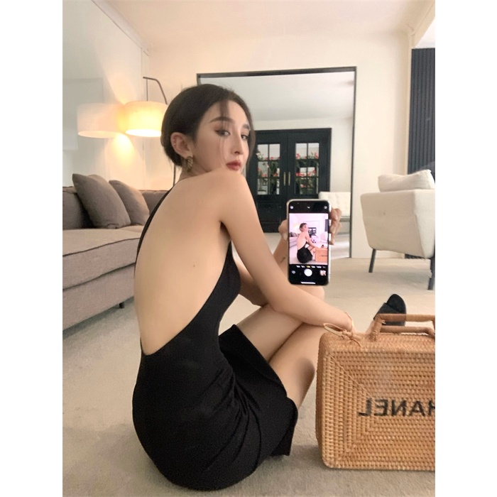 QADCOL  Đầm Hở Lưng Xẻ Tà Phong Cách Retro Thời Trang Hàn Quốc Cho Nữ