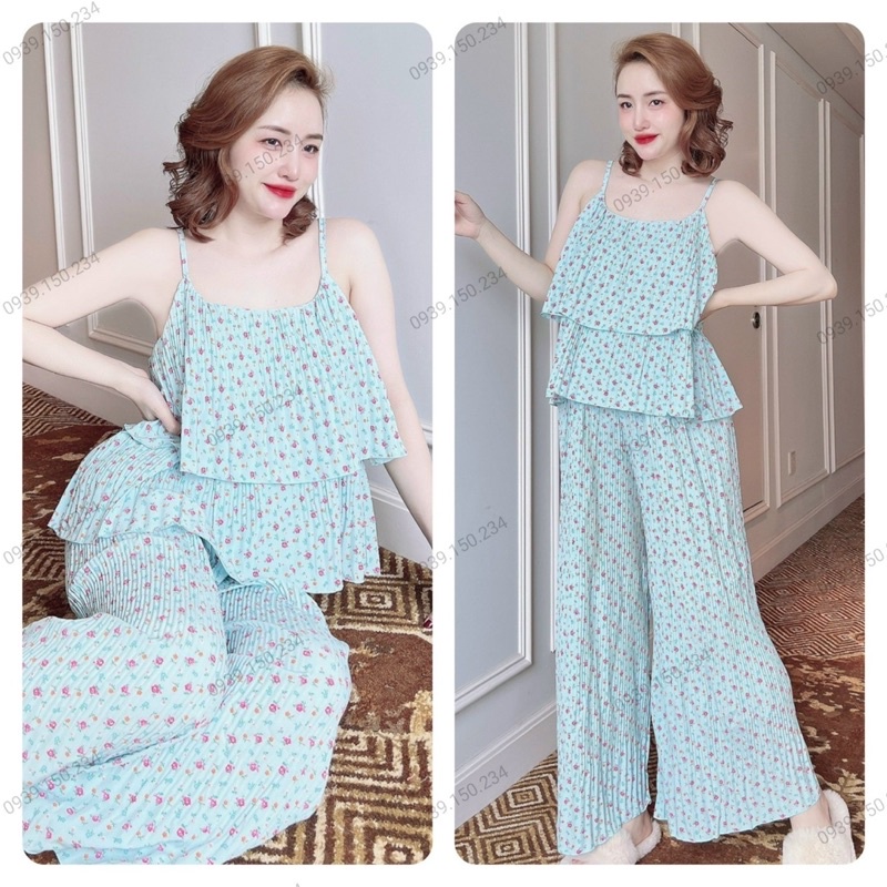 Đồ Bộ Nữ Trúc My 2 dây 2 tầng, vải lụa dập ly cao cấp, quần suông thoải mái